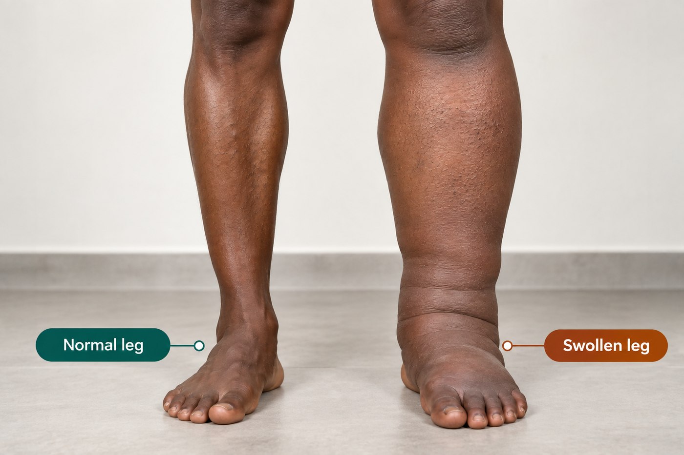 Two lower legs side by side. The leg on the left is a normal shape and narrows into a defined ankle. The leg on the right is markedly swollen, with the ankle contour lost, a deep fold above the ankle, thickened skin and a puffy foot.